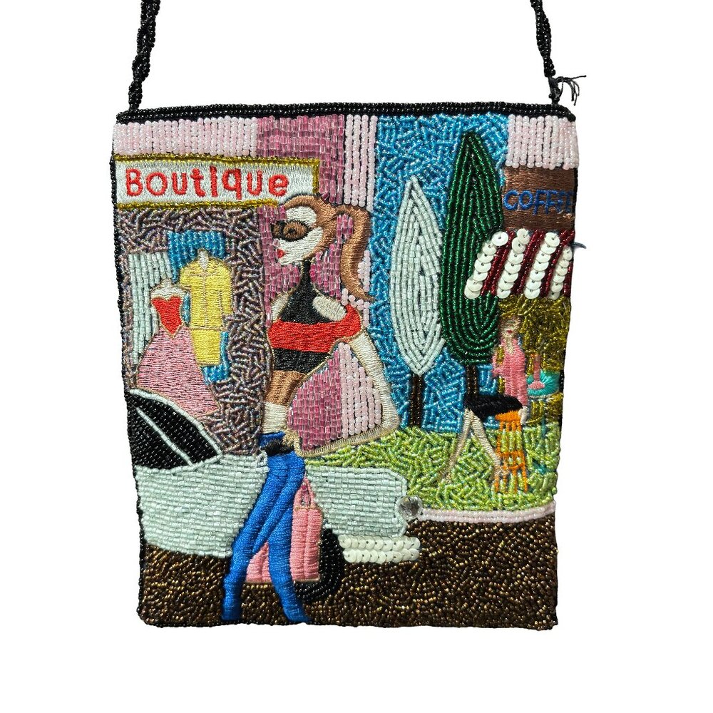 Hand Beaded Crossbody Phone Bag Purse Boutique Coffee Scene Zip Top READ